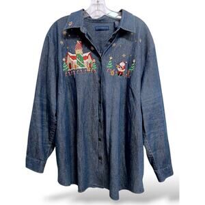 Vntg Karen Scott Christmas Shirt Plus 2X Denim Button Up Santa Gingerbread Y2K